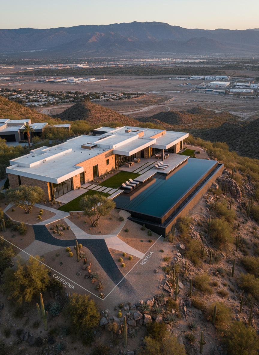 An expansive aerial photographic view of a contemporary luxury estate straddling the border region between California and Nevada, with a sleek flat-roof main residence in white stucco and warm natural stone, an infinity pool spilling toward distant mountains, and manicured desert landscaping with sculpted cacti and olive trees. The property is perched above a valley with a hint of city lights in the distance. Late golden hour sunlight washes the scene in a soft amber glow, creating long, elegant shadows and gleaming reflections on the pool’s surface. Captured from a high, slightly angled perspective with sharp focus throughout, the composition emphasizes scale, privacy, and sophistication, evoking the polished, aspirational aesthetic of a luxury real estate brand.
