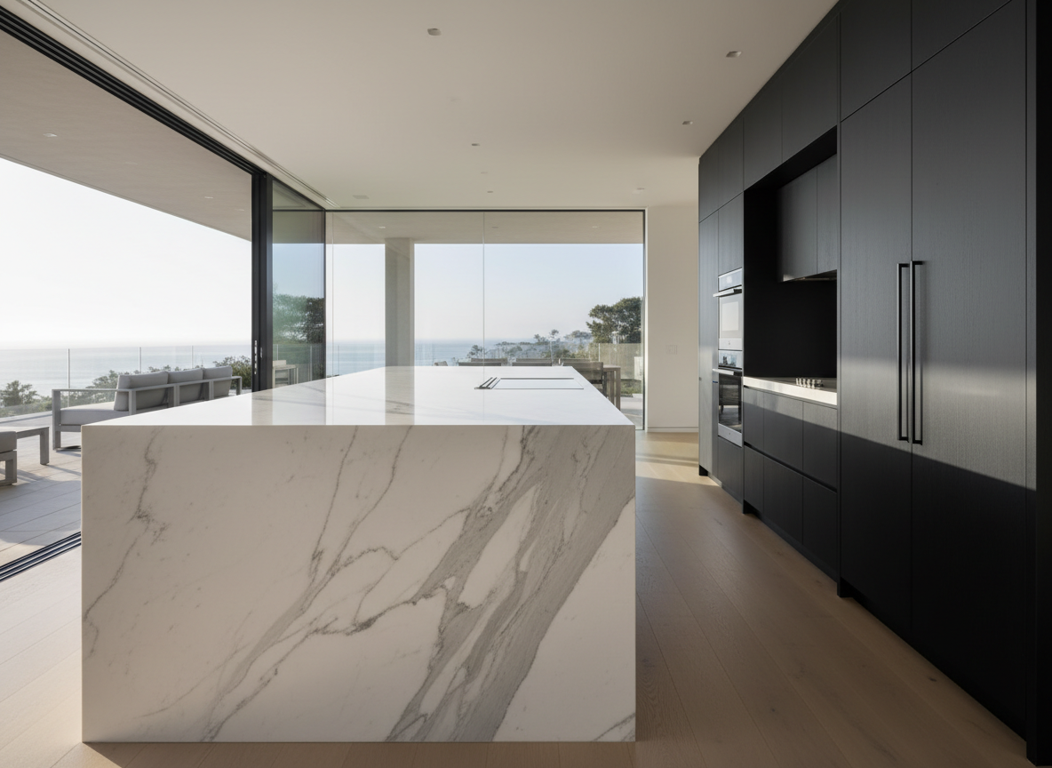 An ultra-modern kitchen in a coastal California luxury home, featuring a massive waterfall island in veined white marble, matte black cabinetry with discreet handles, and integrated high-end stainless appliances. Beyond the island, a retractable glass wall opens to an outdoor terrace, hinting at ocean or bay views blurred in the distance. Soft morning light streams in from the terrace, spilling across the marble and creating delicate, crisp shadows along the island’s edges. Shot at counter height with a shallow depth of field, the photographic image draws focus to the island’s surface texture and fine millwork details while the background falls into a gentle bokeh. The mood is bright, clean, and quietly opulent, perfect for illustrating premium property features and modern design trends.