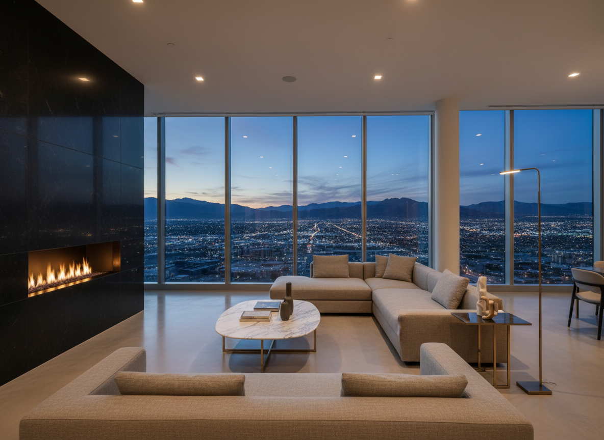 A meticulously staged open-concept living space in a Nevada luxury high-rise, with full-height windows revealing a panoramic city and mountain skyline at twilight. The interior includes a low-profile linen sectional in soft taupe, a sculptural marble coffee table, and a linear gas fireplace embedded in a slab of honed black stone. Subtle metallic accents in champagne and brushed brass catch the glow of recessed ceiling lights and a single minimalist floor lamp. The photographic composition is taken from a slightly elevated corner, employing a wide lens for a grand sense of space yet maintaining intimacy through selective focus on the seating area. The atmosphere feels calm, cosmopolitan, and aspirational, conveying the lifestyle promised by premium relocation between California and Nevada.