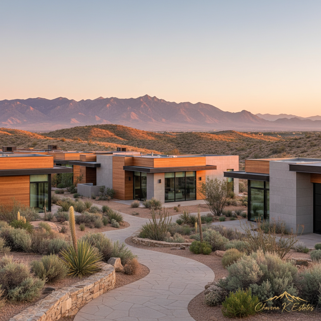 A serene Nevada desert luxury development at sunrise, with a row of architect-designed homes that combine warm wood cladding, smooth concrete, and dark metal accents, nestled against rolling, sunlit hills. Native desert plants—sagebrush, yucca, and low succulents—are carefully arranged along winding stone walkways and low retaining walls. The early light bathes the scene in soft pink and gold hues, casting long, delicate shadows across the textured terrain. Photographed from a low, wide-angle perspective at the edge of the pathway, the composition guides the viewer’s gaze toward the distant peaks. The atmosphere is tranquil and elevated, conveying sustainable luxury living in the Nevada landscape and subtly suggesting the regional expertise of a high-end real estate brand like Chavona K Estates.