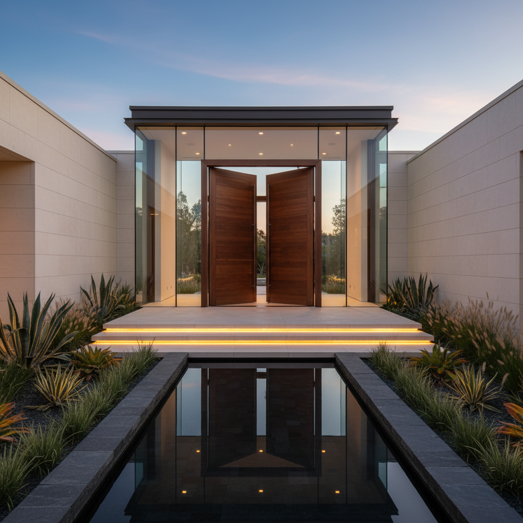 The grand entrance of a high-end California residence, featuring towering pivot doors in rich walnut framed by floor-to-ceiling glass and smooth limestone walls. A minimalist water feature with dark basalt slabs and mirror-like still water lines the pathway, flanked by sculpted drought-tolerant landscaping and subtle, recessed ground lighting. Soft dusk light lingers in the sky while warm, concealed LED strips along the steps cast gentle, elongated shadows, guiding the eye inward. Shot at eye level with a wide-angle lens, the photographic realism highlights every texture—the grain of the wood, the sheen of the stone, the glass’s reflections—creating a mood that is refined, inviting, and distinctly sophisticated, ideal as a hero image for a luxury real estate site.