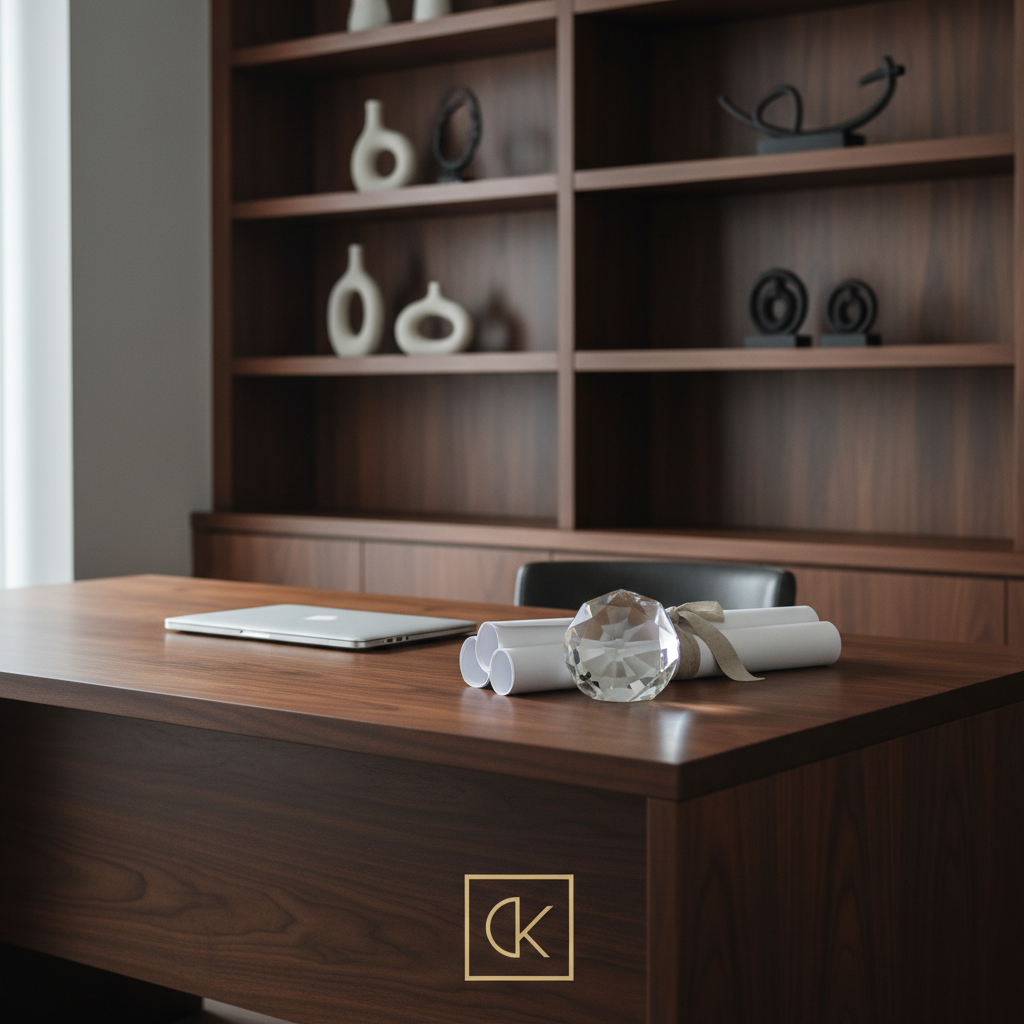 A sophisticated home office vignette representing the Chavona K Estates brand, featuring a dark walnut desk with a flawless satin finish, a closed slim laptop, and a single elegant crystal paperweight resting on a stack of architectural floor plans. Behind the desk, built-in shelves display abstract, sculptural objects and a small framed, text-free logo mark rendered as a minimalist gold emblem. Soft, diffused daylight enters from an unseen side window, creating gentle highlights on the wood grain and subtle reflections on the crystal. Captured at eye level with a moderate depth of field, the photographic scene feels composed and deliberate, evoking professionalism, discretion, and high-end service while avoiding any literal depiction of people.