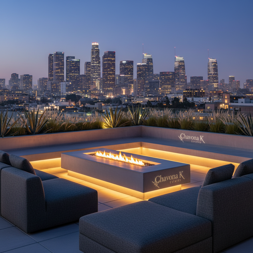 A twilight rooftop terrace in downtown Los Angeles, styled as an exclusive entertaining space for a luxury penthouse marketed by Chavona K Estates. The terrace features low, modular outdoor sofas in charcoal performance fabric, a linear fire pit set into smooth poured concrete, and planters with sculptural agaves and ornamental grasses. The city skyline glows in the background, with iconic towers rendered in crisp detail yet slightly softened by atmospheric haze. Ambient lighting from concealed LED strips under bench seating casts a warm halo, contrasting with the cool blue of the evening sky. Shot from a low, three-quarter angle, the photographic composition balances foreground details and sweeping urban views, creating a glamorous, aspirational atmosphere suitable for showcasing urban luxury living.